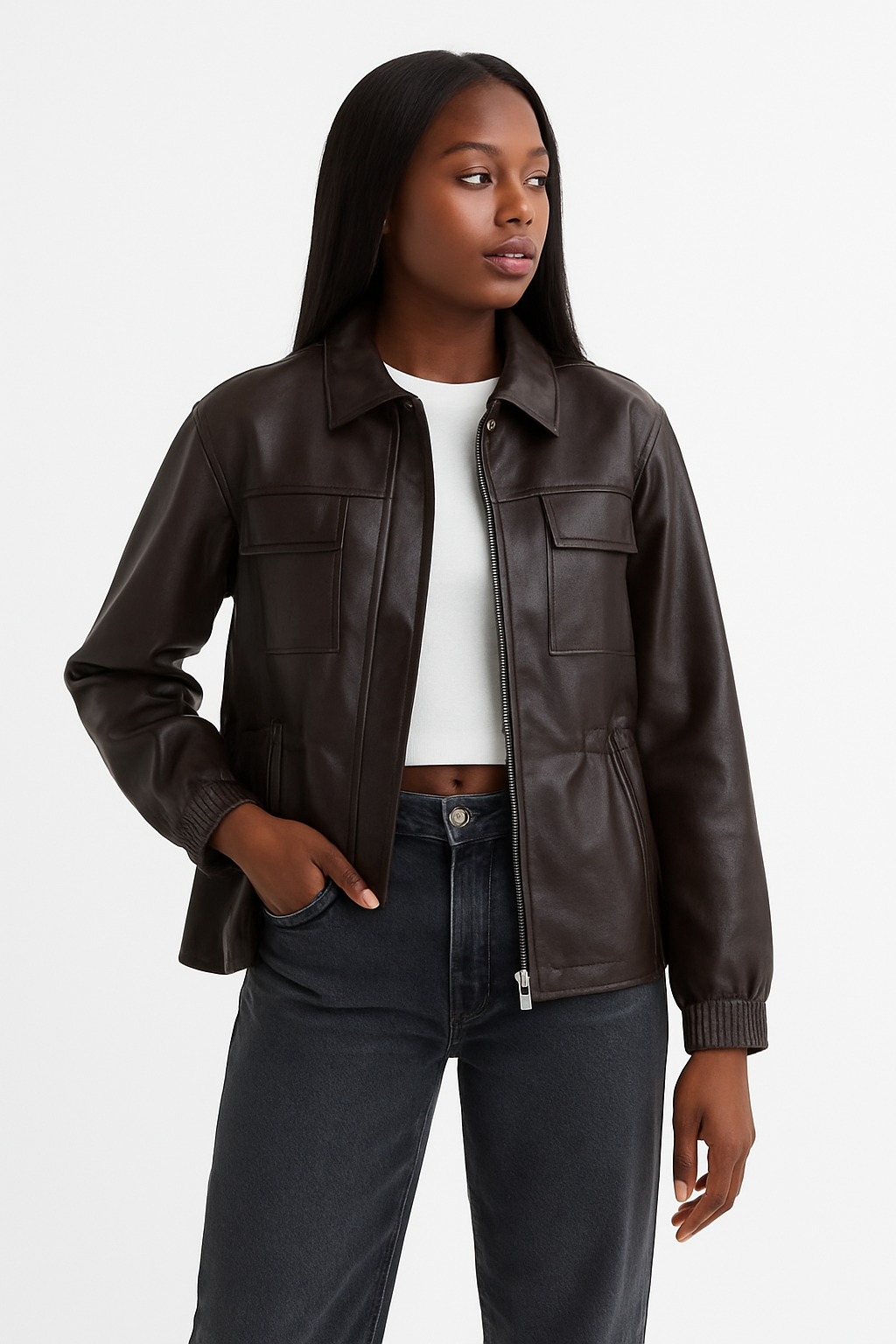 Women Fashion 2025 Fall / Autumn Pu Leather Jacket with Elastic adjustable waist Female Coat and Outerwear