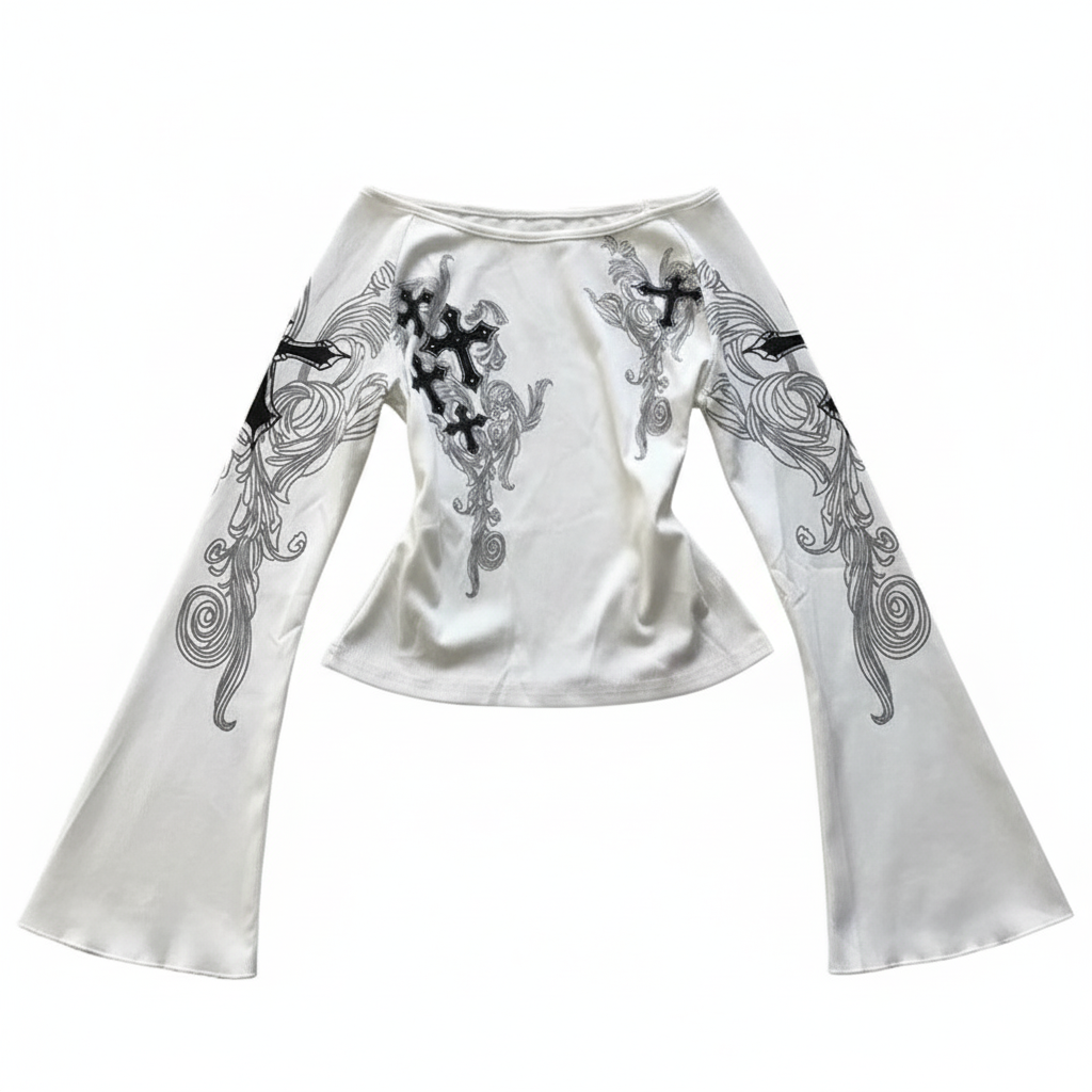 Long Sleeve Print T-Shirts Women Slash Neck White Tees Temperament Camisetas 2024 Ropa Mujer Vintage Sexy Y2k T-shirts Tops New