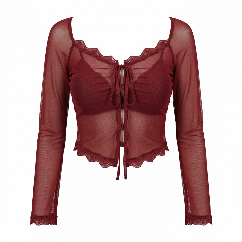 Streetwear Burgundy Mesh Tops Long Sleeve Lace Up Square Collar T Shirt Women Crop Top Spring Summer 2025 Y2k  Chic Tops