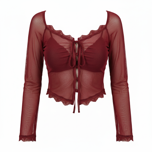 Streetwear Burgundy Mesh Tops Long Sleeve Lace Up Square Collar T Shirt Women Crop Top Spring Summer 2025 Y2k  Chic Tops
