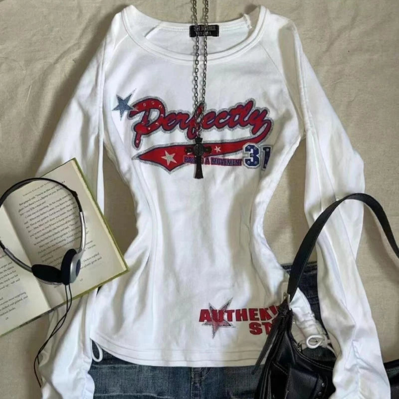 Long Sleeve Print T-Shirts Women Slash Neck White Tees Temperament Camisetas 2024 Ropa Mujer Vintage Sexy Y2k T-shirts Tops New