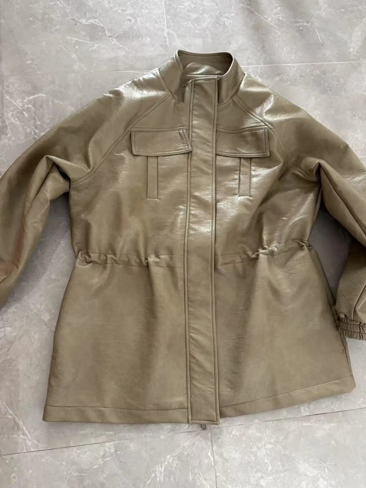 Women Fashion 2025 Fall / Autumn Pu Leather Jacket with Elastic adjustable waist Female Coat and Outerwear