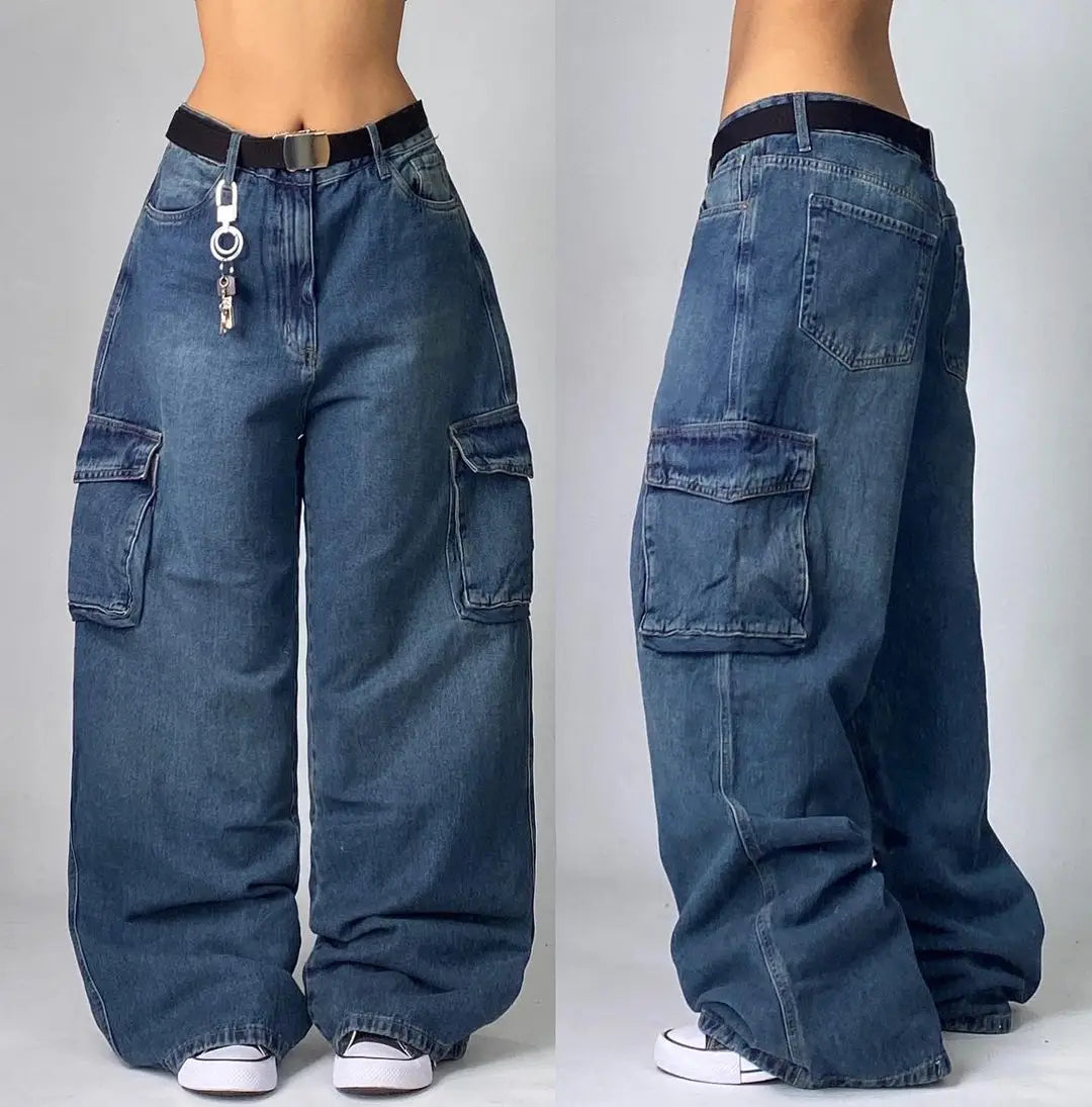 Y2K Fashion Baggy Jeans Denim Cargo Pants Womens Vintage Multi Pocket High Waist  New Harajuku Gothic Wide Trouser Streetwear