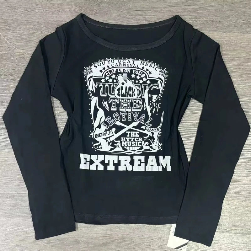 Long Sleeve Print T-Shirts Women Slash Neck White Tees Temperament Camisetas 2024 Ropa Mujer Vintage Sexy Y2k T-shirts Tops New