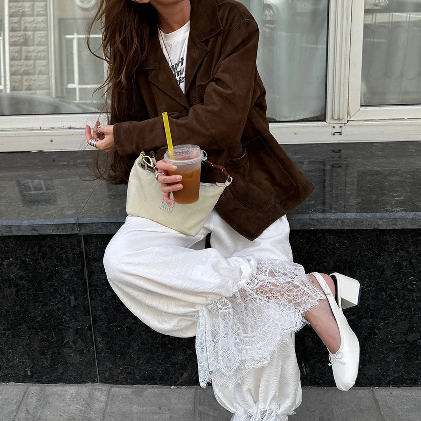 Linad Vintage Loose Lace Pencil Pants For Women White Elegant Elastic Waist Trousers Street Chic Ankle Length Pants 2025 Summer