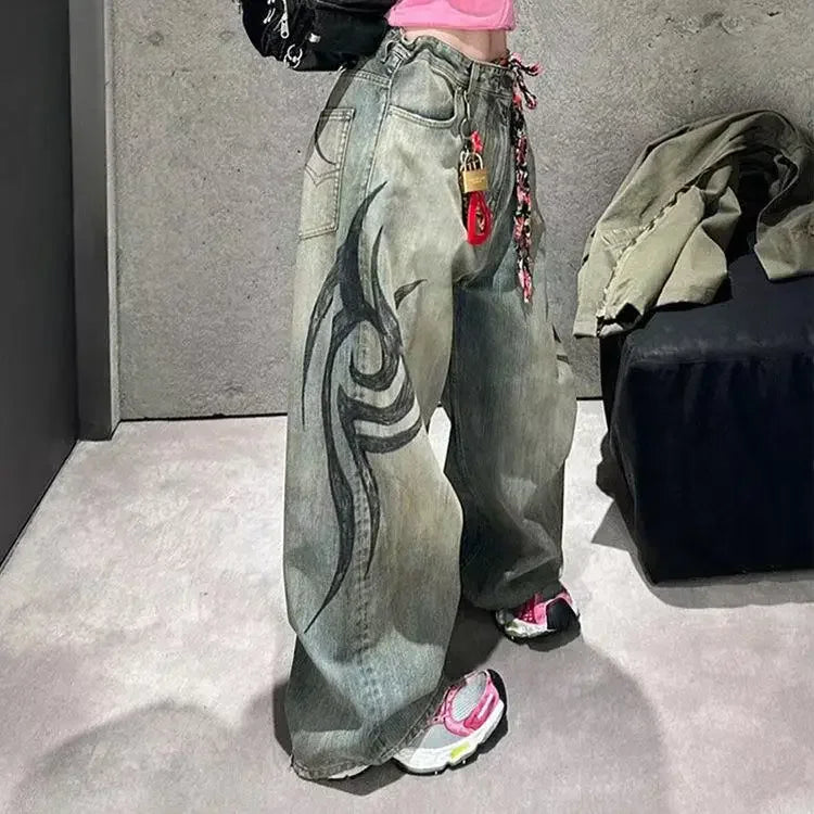Y2K Pink Baggy Jeans Vintage Printing Pattern Washed Ripped Jeans Hip Hop Streetwear Harajuku Men Women Casual Wide Leg Jeans