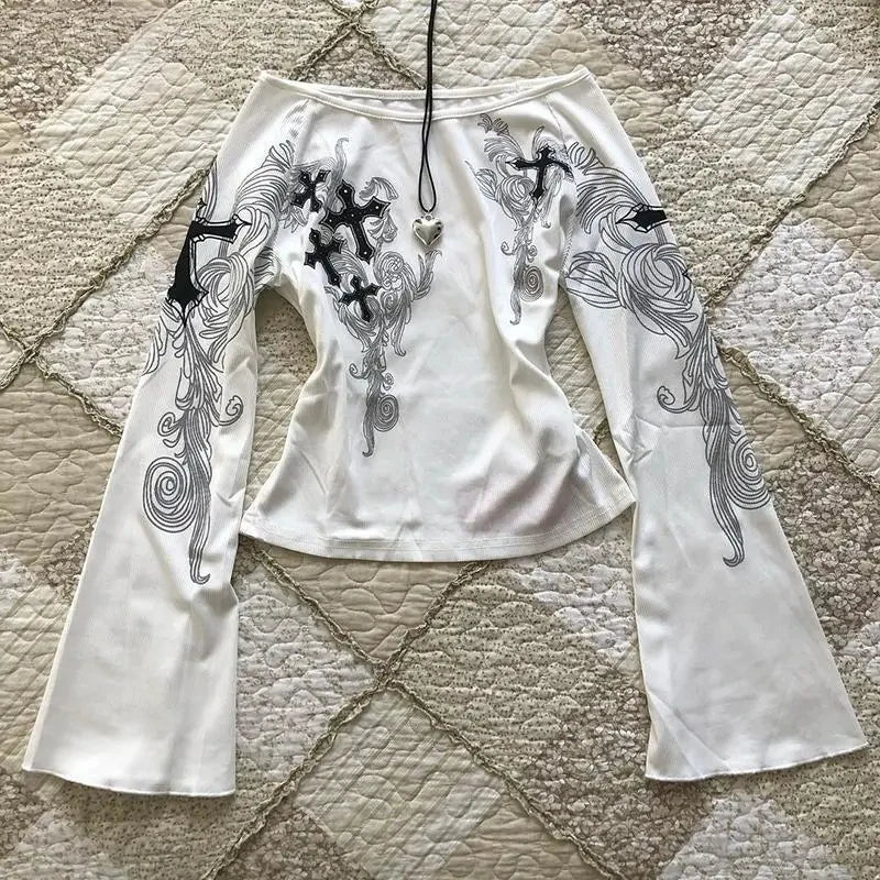 Long Sleeve Print T-Shirts Women Slash Neck White Tees Temperament Camisetas 2024 Ropa Mujer Vintage Sexy Y2k T-shirts Tops New