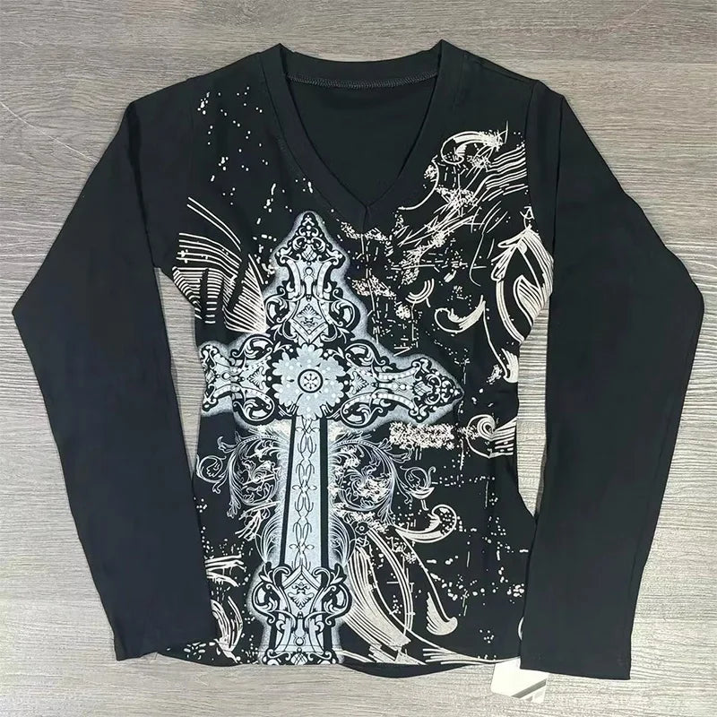 Long Sleeve Print T-Shirts Women Slash Neck White Tees Temperament Camisetas 2024 Ropa Mujer Vintage Sexy Y2k T-shirts Tops New