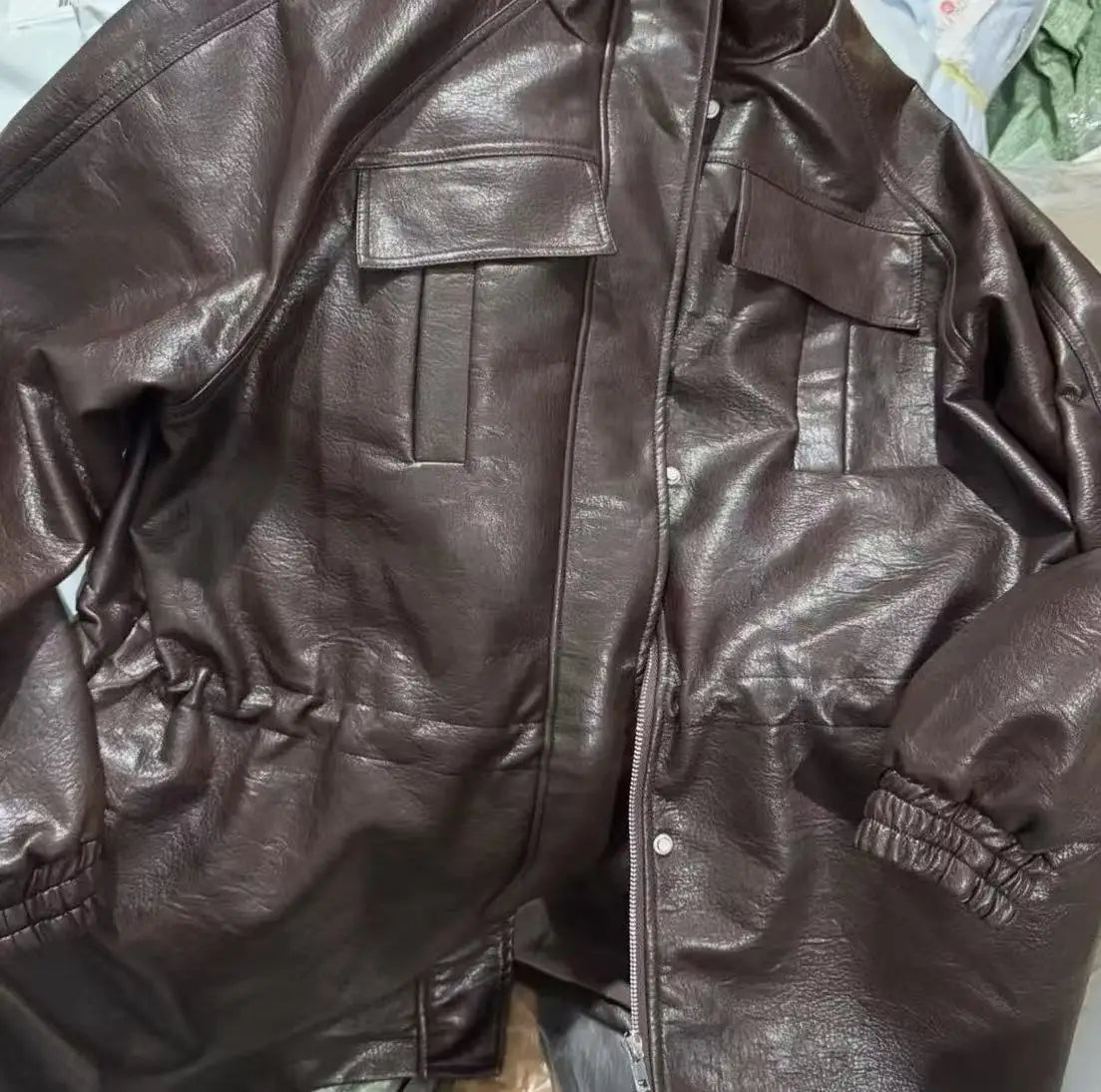 Women Fashion 2025 Fall / Autumn Pu Leather Jacket with Elastic adjustable waist Female Coat and Outerwear