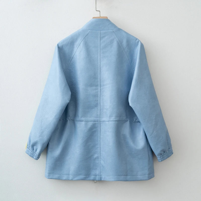 Women Fashion 2025 Fall / Autumn Pu Leather Jacket with Elastic adjustable waist Female Coat and Outerwear