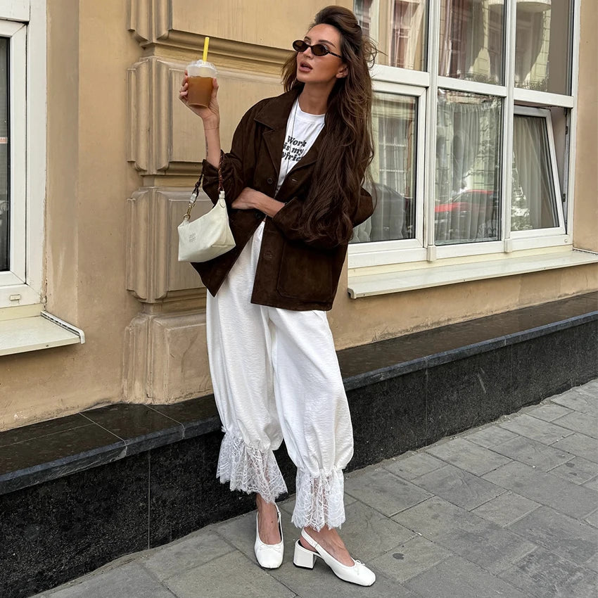Linad Vintage Loose Lace Pencil Pants For Women White Elegant Elastic Waist Trousers Street Chic Ankle Length Pants 2025 Summer