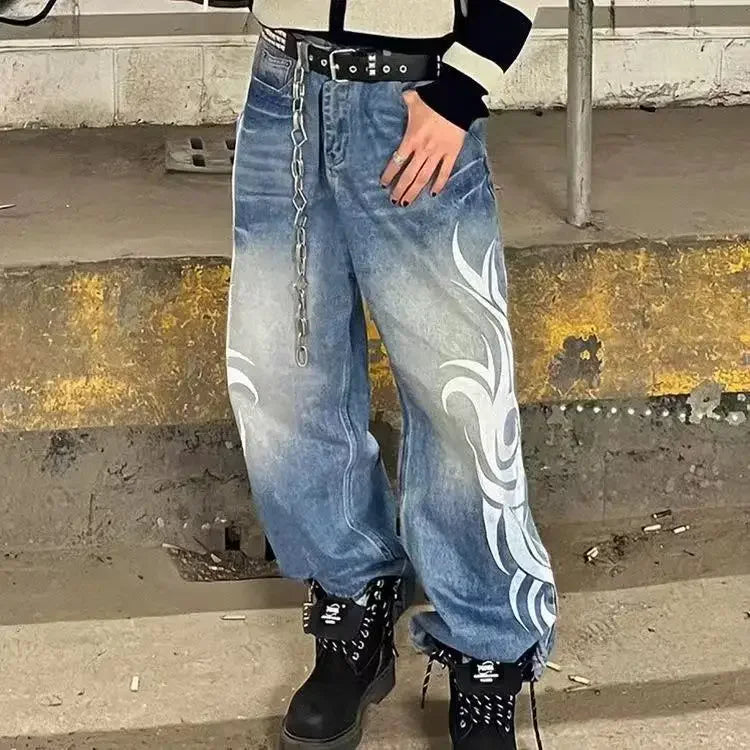 Y2K Pink Baggy Jeans Vintage Printing Pattern Washed Ripped Jeans Hip Hop Streetwear Harajuku Men Women Casual Wide Leg Jeans