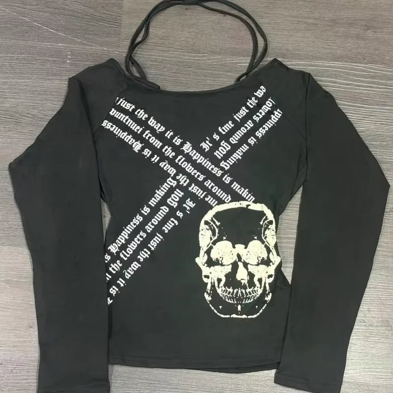 Long Sleeve Print T-Shirts Women Slash Neck White Tees Temperament Camisetas 2024 Ropa Mujer Vintage Sexy Y2k T-shirts Tops New