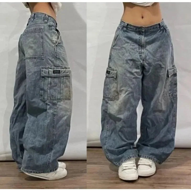Y2K Fashion Baggy Jeans Denim Cargo Pants Womens Vintage Multi Pocket High Waist  New Harajuku Gothic Wide Trouser Streetwear