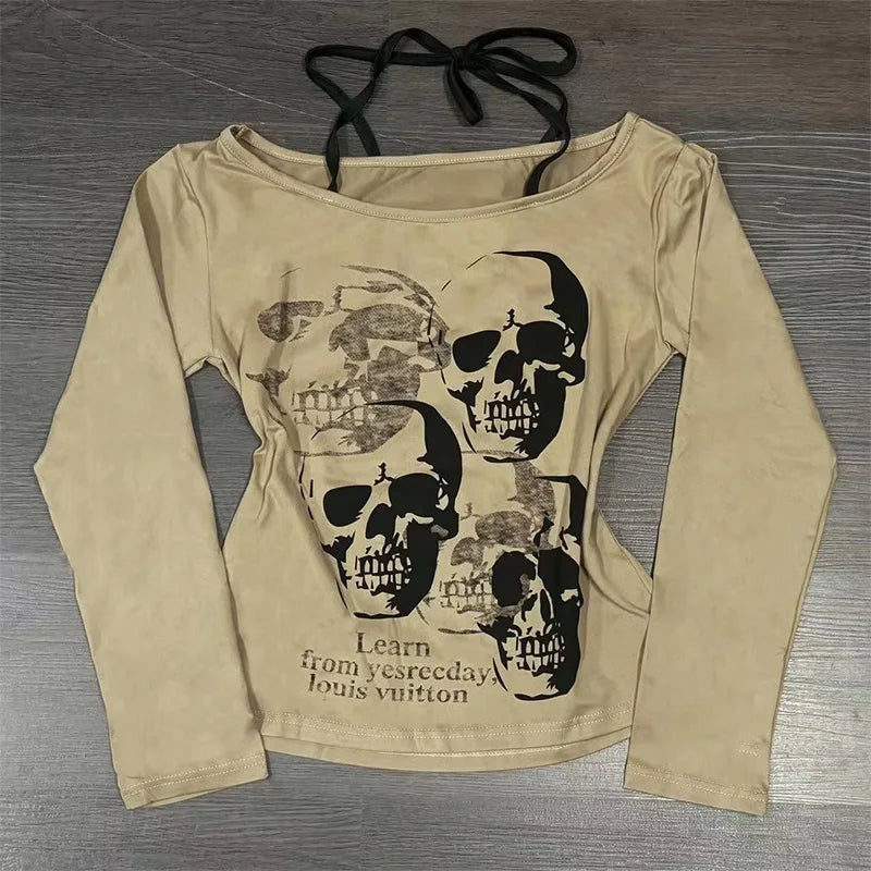 Long Sleeve Print T-Shirts Women Slash Neck White Tees Temperament Camisetas 2024 Ropa Mujer Vintage Sexy Y2k T-shirts Tops New