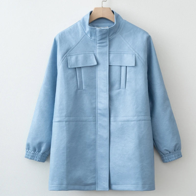 Women Fashion 2025 Fall / Autumn Pu Leather Jacket with Elastic adjustable waist Female Coat and Outerwear