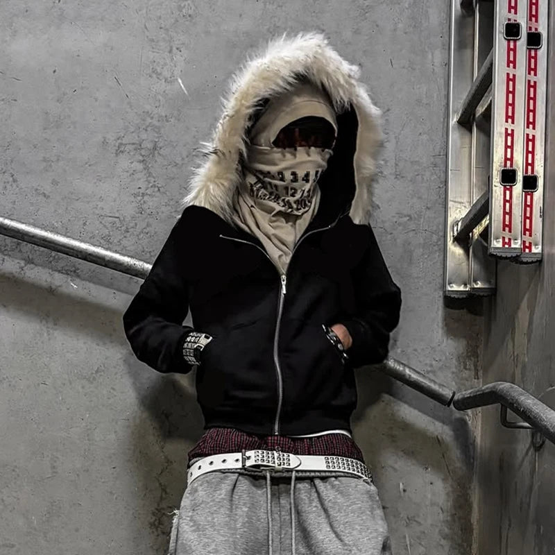 Fluffy Hat Hoodie Solid Color Casual Long Sleeve Hoodie Retro Coat Street Trend y2k