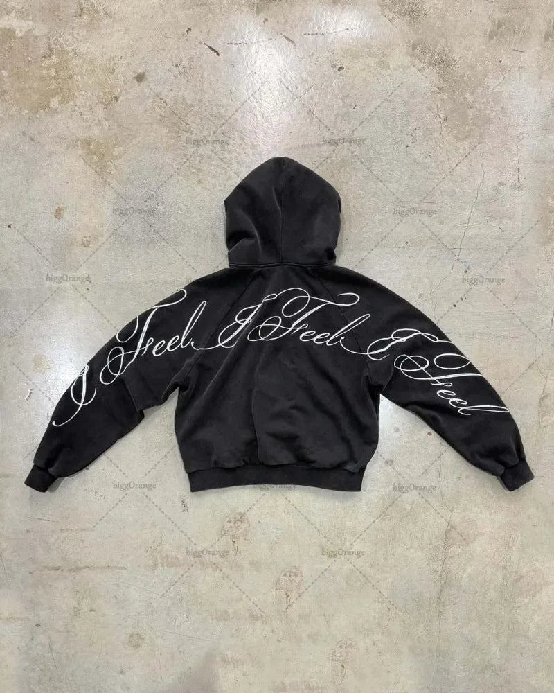 Y2K harajuku Gothic Letter Print Retro Fashion Men And Women Hoodie Hip-Hop Punk Style Black Oversized Zipper Sweatshirts