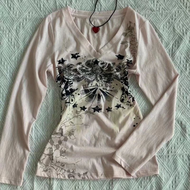 Long Sleeve Print T-Shirts Women Slash Neck White Tees Temperament Camisetas 2024 Ropa Mujer Vintage Sexy Y2k T-shirts Tops New