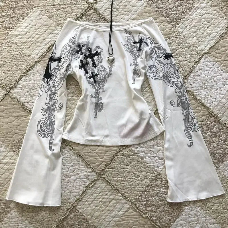 Long Sleeve Print T-Shirts Women Slash Neck White Tees Temperament Camisetas 2024 Ropa Mujer Vintage Sexy Y2k T-shirts Tops New
