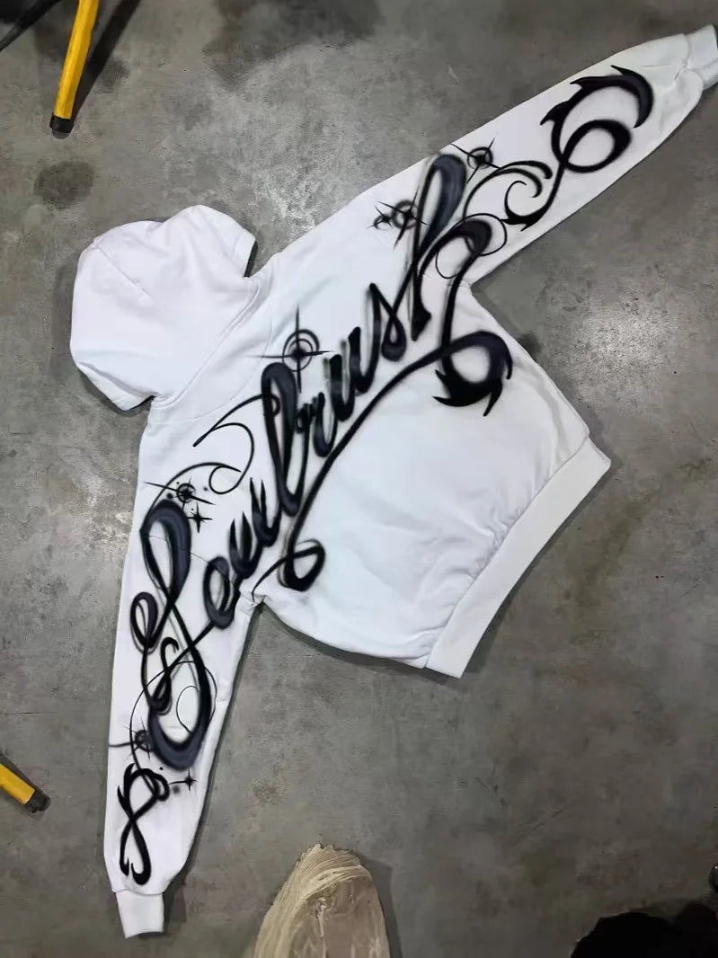 Y2K harajuku Gothic Letter Print Retro Fashion Men And Women Hoodie Hip-Hop Punk Style Black Oversized Zipper Sweatshirts