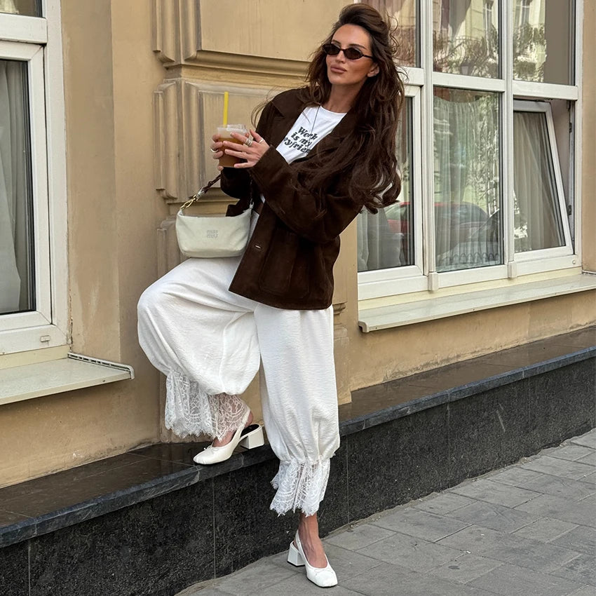 Linad Vintage Loose Lace Pencil Pants For Women White Elegant Elastic Waist Trousers Street Chic Ankle Length Pants 2025 Summer